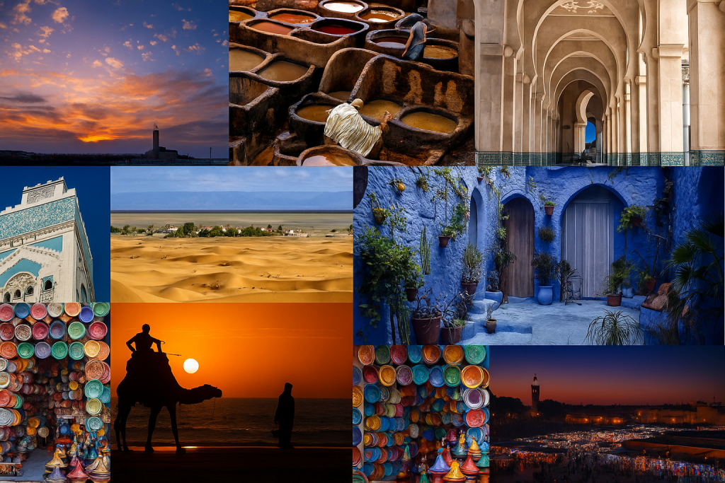 Collage fotografico del Marocco con paesaggi, architettura e mercati tradizionali, ispirazione per viaggi di gruppo emozionali e condivisi con Asterisco Viaggi