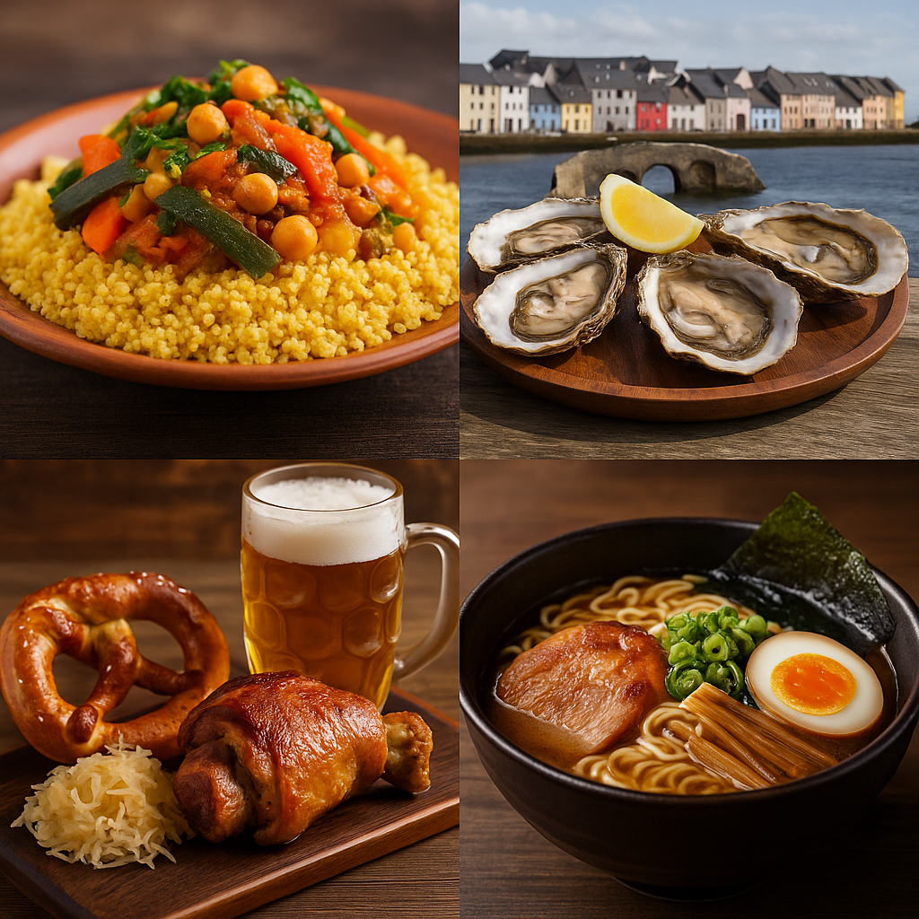 Collage di piatti tipici dai viaggi enogastronomici nel mondo: cous cous, ostriche a Galway, cucina bavarese e ramen giapponese

