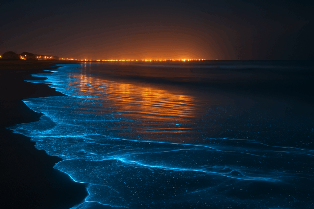 Mare bioluminescente di notte, meraviglia naturale rara e affascinante